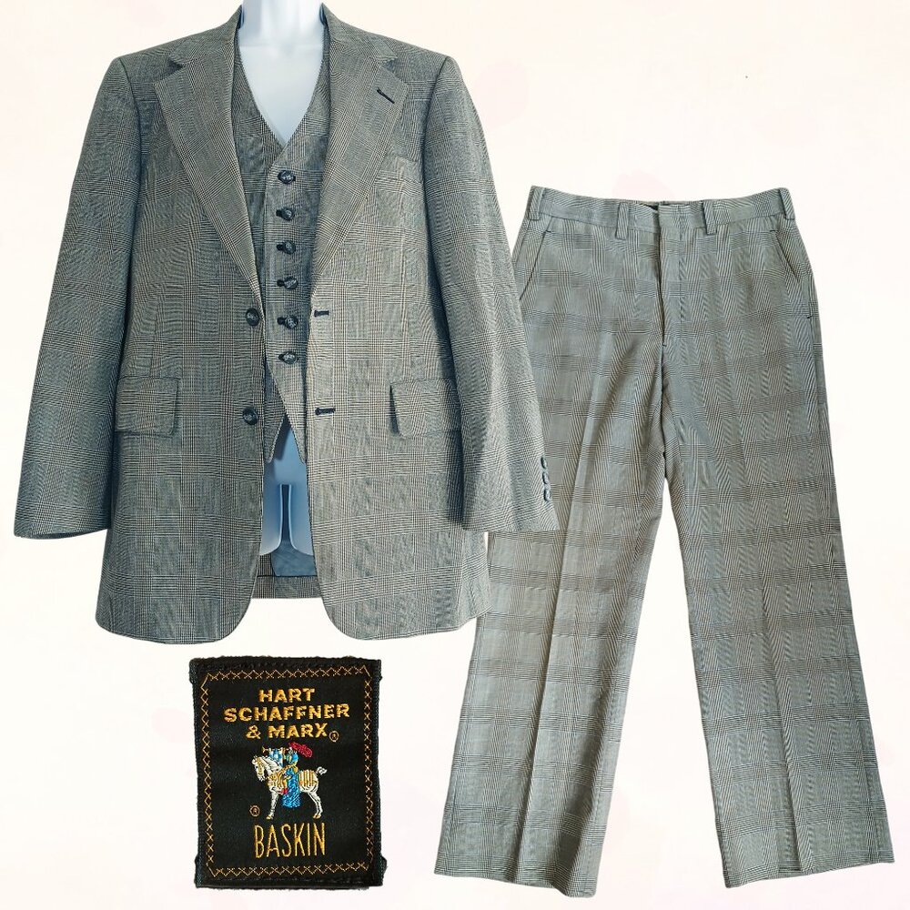 Hart Schaffner Marx Baskin Classic Pure Virgin Wool Men 3Piece Plaid Blazer Suit